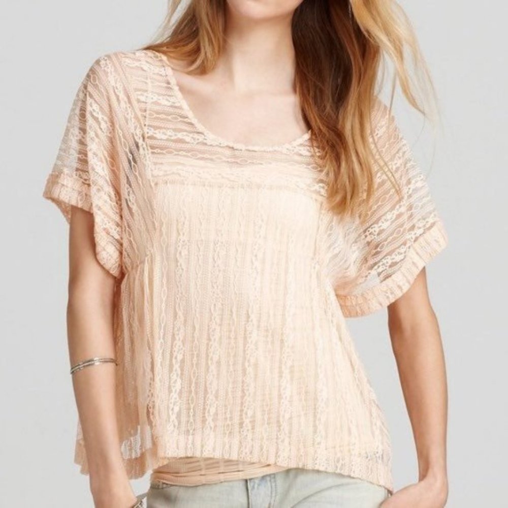FREE PEOPLE Peach Tea Boxy Sheer Lace Blouse Top